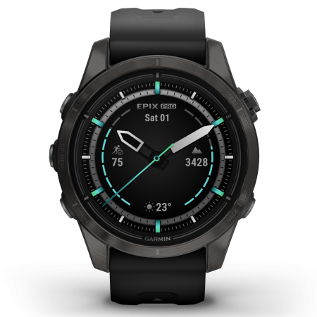 Garmin - epix Pro 42mm Gen 2s Sapphire smartwatch premium AMOLED - ramă gri din titanium DLC si curea din silicon neagră