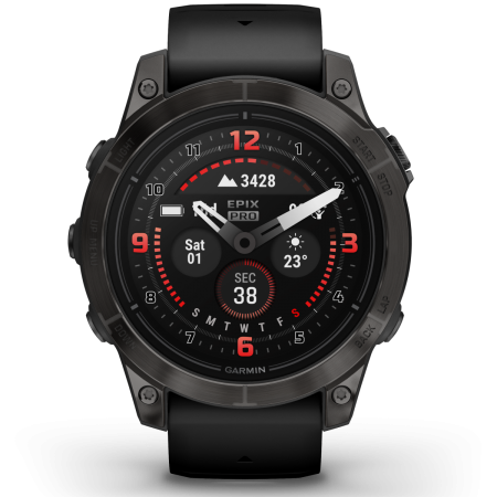 Garmin - epix Pro 47mm Gen 2 Sapphire smartwatch premium AMOLED - ramă gri din titanium DLC si curea din silicon neagră