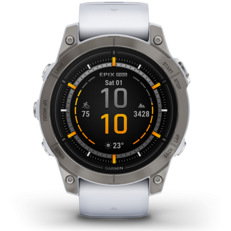 Garmin - epix Pro 47mm Gen 2 Sapphire smartwatch premium AMOLED - ramă din titanium si curea din silicon albă