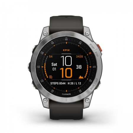 Garmin - Epix Gen 2 smartwatch premium cu GPS si AMOLED - ramă argintie din oţel inoxidabil, carcasă neagră si curea din silicon