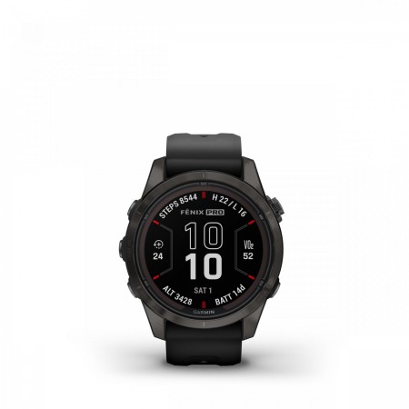 Garmin - fenix 7s Pro Sapphire Solar smartwatch premium cu incarcare solara 42mm - ramă gri din titanium DLC si curea din silicon neagră