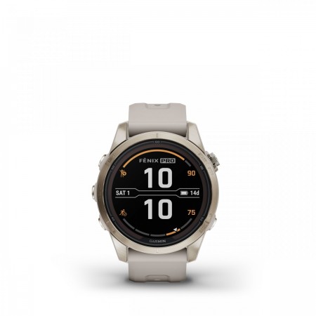 Garmin - fenix 7s Pro Sapphire Solar smartwatch premium cu incarcare solara 42mm - ramă Soft Gold si curea din silicon crem