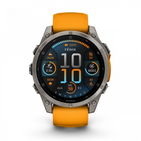 Garmin - fenix 8 AMOLED Sapphire 47mm - smartwatch premium AMOLED - ramă argintie din titanium si curea din silicon portocalie