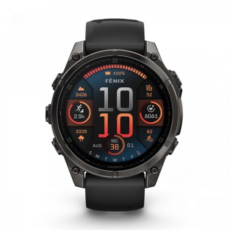 Garmin - fenix 8 AMOLED Sapphire 47mm - smartwatch premium AMOLED - ramă gri din titanium DLC si curea din silicon neagră-gri