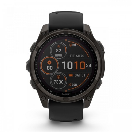 Garmin - fenix 8 Solar Sapphire 47mm - smartwatch premium - ramă gri din titanium DLC si curea din silicon neagră-gri