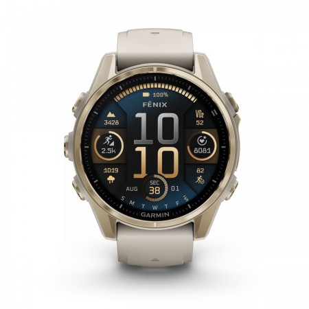 Garmin - fenix 8s AMOLED Sapphire 43mm - smartwatch premium AMOLED - ramă aurie din titanium si curea din silicon gri