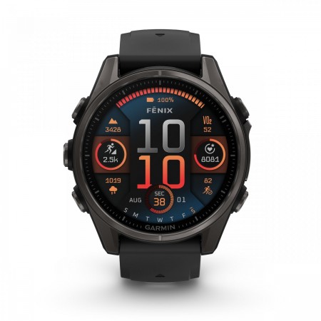 Garmin - fenix 8s AMOLED Sapphire 43mm - smartwatch premium AMOLED - ramă gri din titanium DLC si curea din silicon neagră-gri