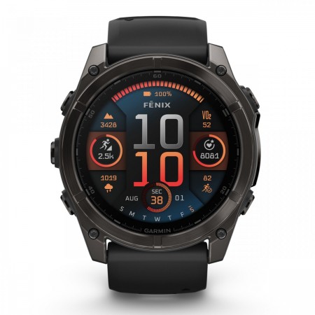 Garmin - fenix 8x AMOLED Sapphire 51mm - smartwatch premium AMOLED - ramă gri din titanium DLC si curea din silicon neagră-gri