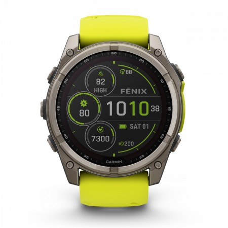 Garmin - fenix 8x Solar Sapphire 51mm - smartwatch premium - ramă argintie din titanium si curea din silicon galben fluo