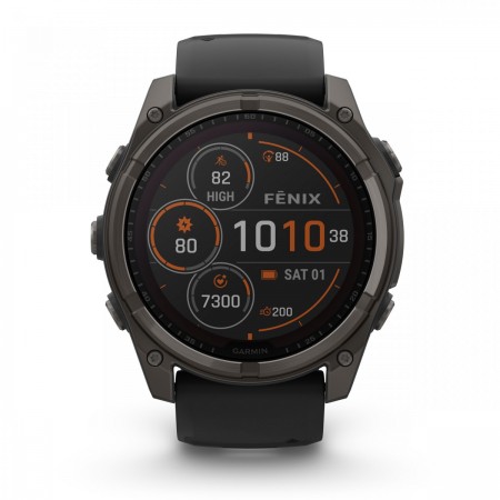 Garmin - fenix 8x Solar Sapphire 51mm - smartwatch premium - ramă gri din titanium DLC si curea din silicon neagră-gri