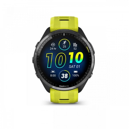 Garmin - Forerunner 965 ceas multisport cu GPS AMOLED - Ramă din titan DLC gri carbon cu carcasă neagră şi curea din silicon Amp Yellow/neagră