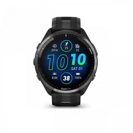 Garmin - Forerunner 965 ceas multisport cu GPS AMOLED - Ramă din titan DLC gri carbon cu carcasă neagră şi curea din silicon neagră/gri pudră